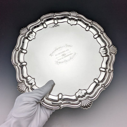 1905年 英国アンティーク 純銀(925シルバー) カードトレイ 直径25.5cm 397g